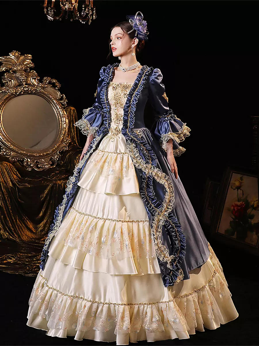 marie antoinette blue dress Blue Rococo Court Dress with Ruffles and Satin Panels 18th Century Marie Antoinette Gown Size 6 / Light Blue