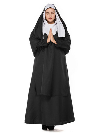 Costume Nonne Cosplay Déguisements Halloween noir Capuche Robe Polyester Femmes 2 Pièces