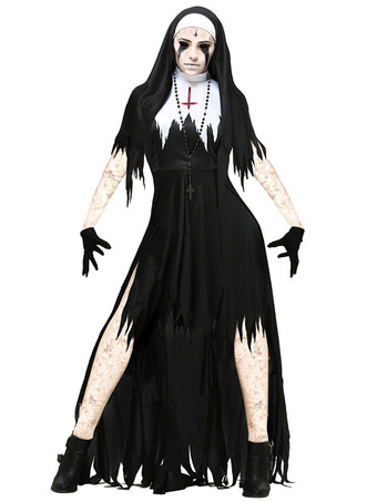 Halloween Nun Costumes Femmes noires Ragged Fringe Dress Set Costumes de Fêtes