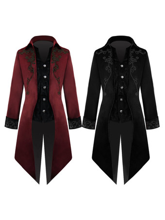 Black Vintage Coat Middle Ages Tuxedo Embroidered Velour Retro Costumes For Man