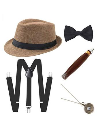 1920er-Jahre-Gatsby-Gangster-Accessoires für Herren 5-teiliges Set Panamahut Hosenträger Fliege