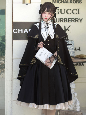 Academic Lolita Poncho Cape Black Polyester Grommets Lace Up Fall Lolita Outwears