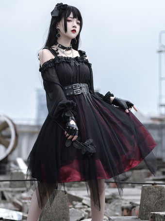 Gothic Lolita OP Dress Black Burgundy Ruffles Bows Open The Shoulder Long Sleeves Lolita One Piece Dress