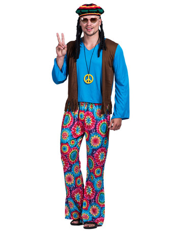 Blue vintage Set Hippies Polyester Floral Print Long Sleeves Retro Costumes For Man