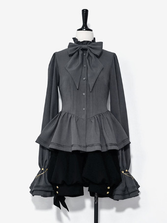 Gothic Lolita Ouji Fashion Blouses Gray Long Sleeves Shirt With Ruffle Neckline