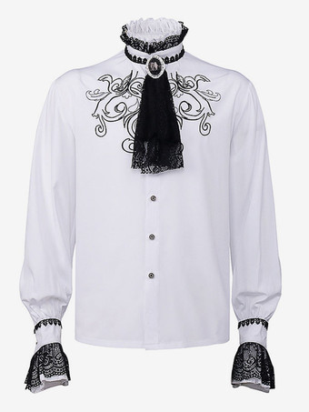 White Vintage Top Retro Lace Ruffles Floral Print Long Sleeves Polyester Polyester Fiber Shirt Retro Costumes For Man