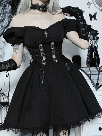 Gothic Punk Dress Off The Shoulder Short Sleeves Lace Trimed Lolita Short Dress