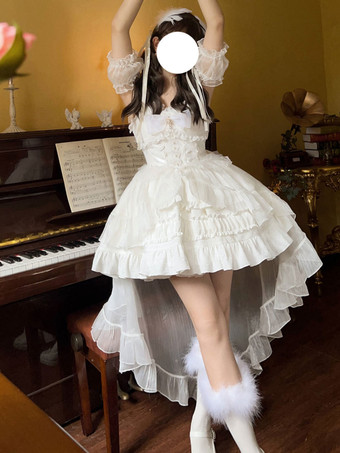 Gothic Lolita Dresses Lace Up Bows White JSK Suspender Dress