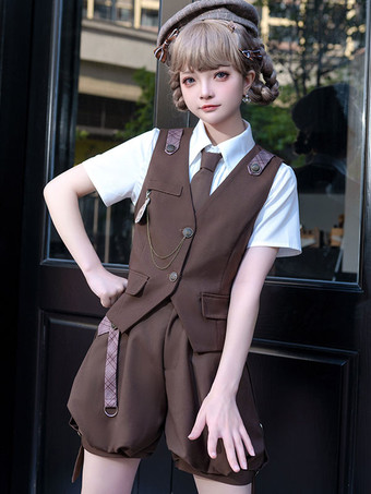 Gothic Lolita Outfits Coffee Brown Sleeveless Pants Overcoat