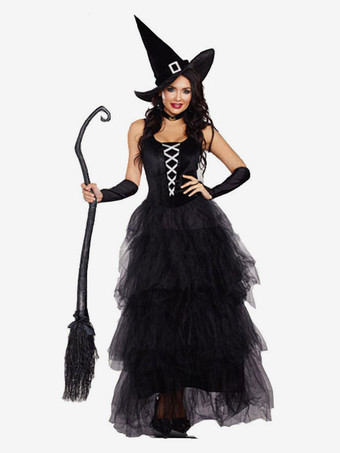 Costumes de sorcière d'halloween pour les femmes noir polyester effrayant longue robe chapeau vacances costumes ensemble complet、