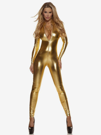 Golden Adults Bodysuit Sexy Shiny Metallic Catsuit for Women