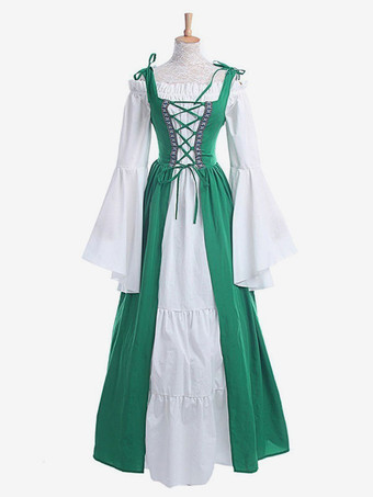 Robe Vintage Médiévale Rétro Verte Blanche Manches Longues Robe Costume Quotidien Cosplay Halloween