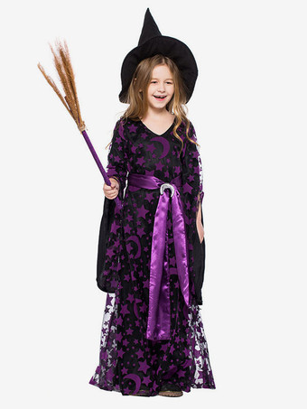 Costume Sorcière Enfants Robes Ensemble Déguisements Halloween Robe de Princesse Fille