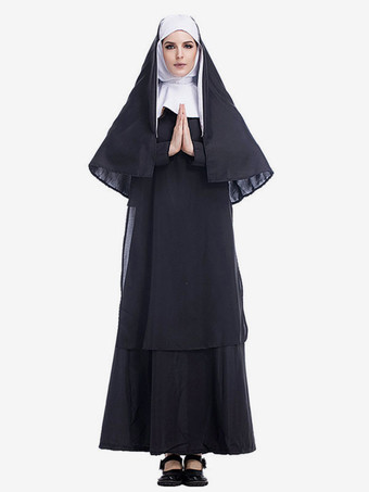 Costumes Nonne Cosplay Cagoule Femme Sœur Noir Vêtement Costumes Déguisements Halloween Vacances