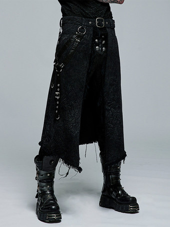 Black Vintage Skirt Retro Grommets Retro Costumes Men's Black Rock Punk Steam Gothic Jacquard Whiskered Skirt