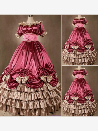 Burgundy  Retro Tudor Dress Costumes  Women's Ruffles Tiered Polyester Dress Retro Marie Antoinette Costume 18th Century Costume