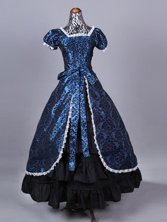 Conjunto de disfraz de María Antonieta de poliéster con volantes y estampado floral para mujer vestido retro para baile de máscaras