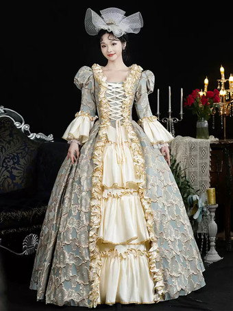 Hellhimmelblaues Retro-Kostüm für Damen Spitzenrüschen Polyester-Kopfbedeckung Kleid Retro-Marie-Antoinette-Kostüm Vintage-Kleidung