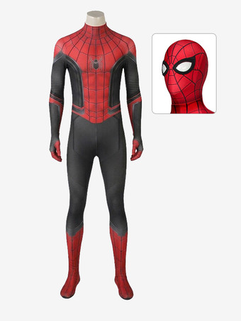 Costume cosplay di Peter Parker (Tom Holland) da Spider-Man Far From Home versione migliorata rosso e nero con cappuccio staccabile.