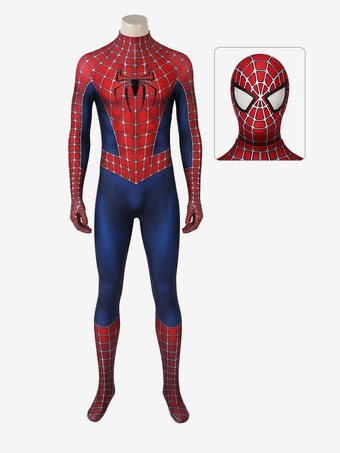 Costume cosplay di Spider-Man 2 ispirato al classico film di Tobey Maguire tuta Zentai rossa e blu con ragnatela argentata e maschera rimovibile per uomo.