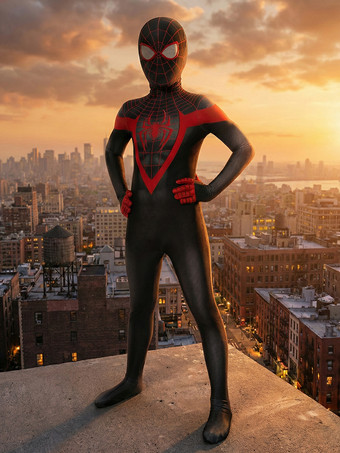 Miles Morales Kostüm Kinder PS5 Spiel Stil Schwarz Roter Anzug SpiderVerse Verkleidung für Karneval